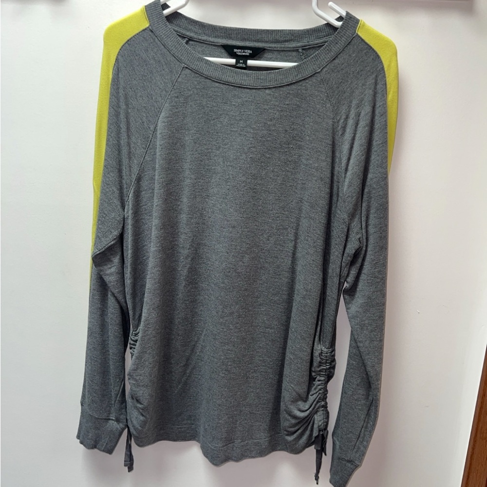 Simply Vera Vera Wang Gray Long Sleeve Top w/ Lime Green Stripe & Ruched Sides M